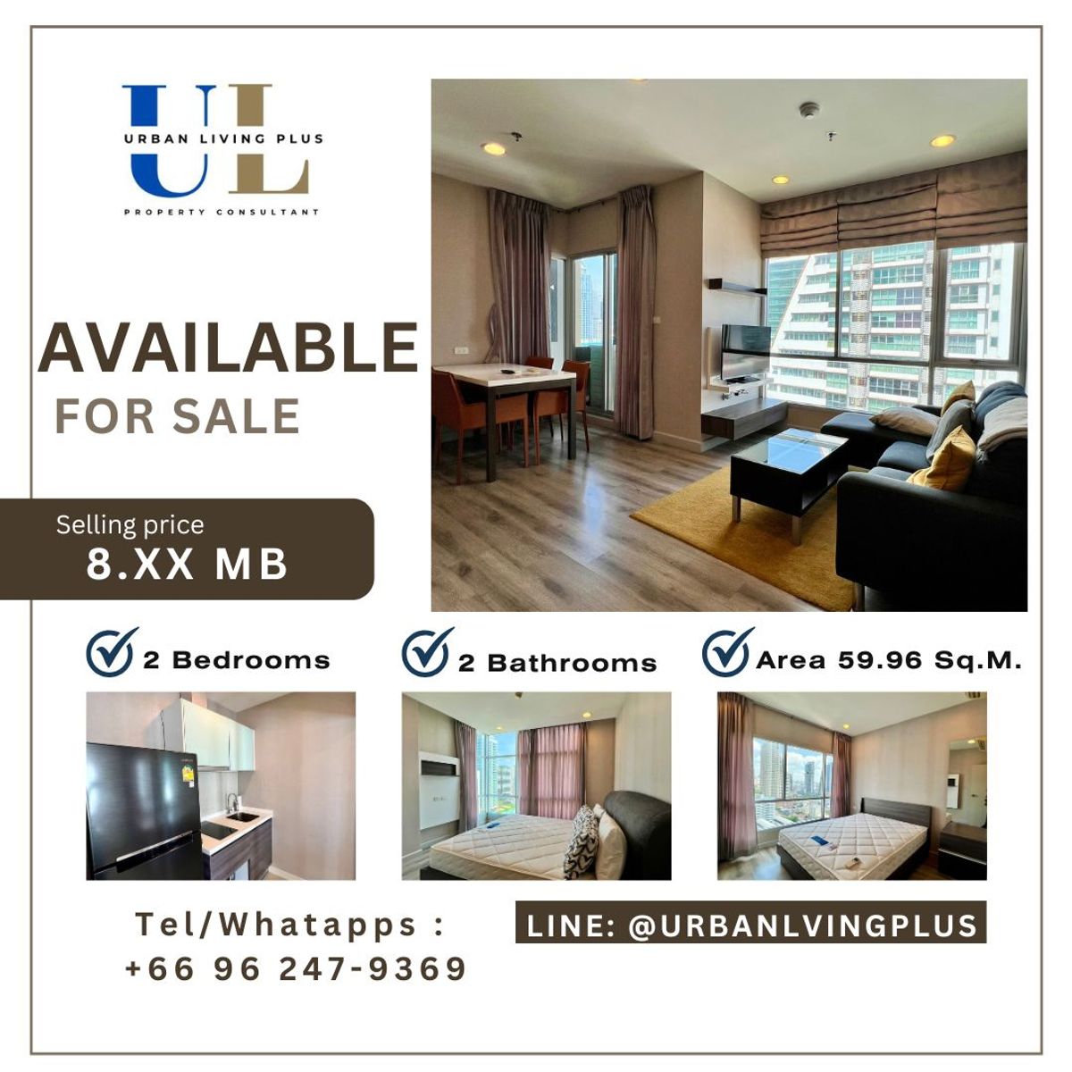 For SaleCondoSathorn, Narathiwat : ( U20250218100 ) Tel/Line 096-2479369 / FOR SELL!!!  Centric Sathorn St.louis  2 BEDROOM 2 BATHROOM 59.96 SQ.M. High Floor, RARE ITEM