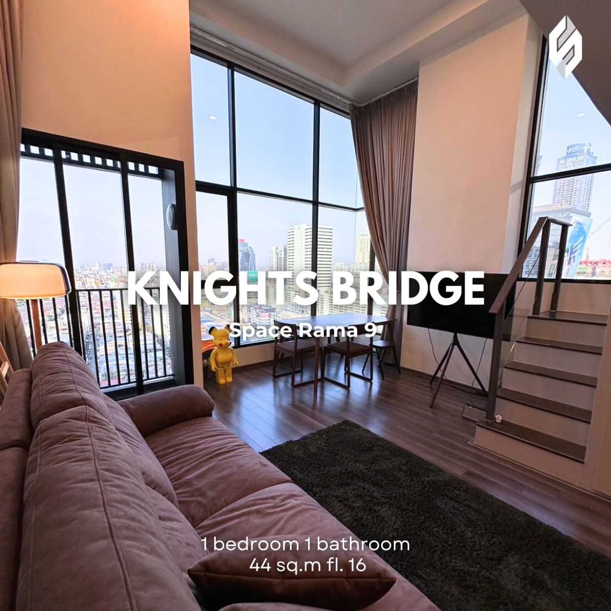 For RentCondoRama9, Petchburi, RCA : 📍 Condo for rent Knightsbridge Space Rama 9, 16th floor, Duplex corner, size 44 SQ M🛋️🌳