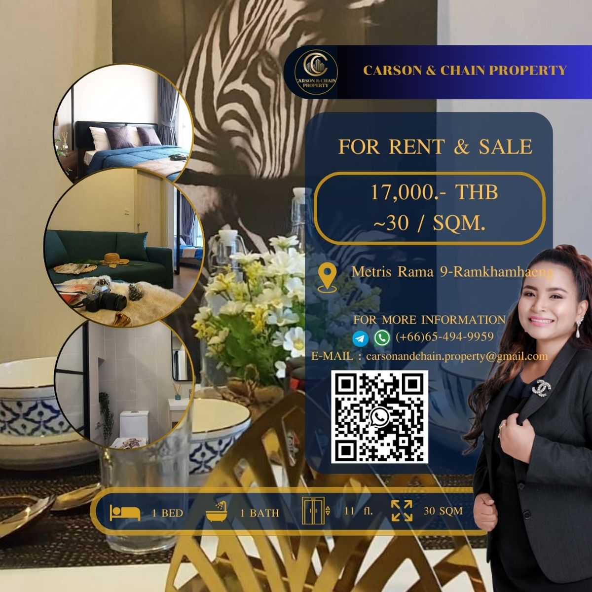 For RentCondoRamkhamhaeng, Hua Mak : Carson & Chain ❗RENTSRIS RAMA 9-RAMKHAMHANG│ 1 Br │ 17,000 THB │High Floor