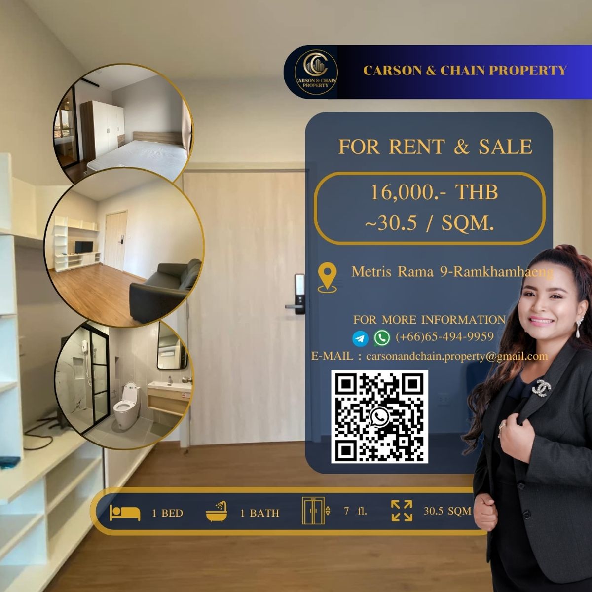 For RentCondoRamkhamhaeng, Hua Mak : Carson & Chain ❗RENTSIRIS RAMA 9-RAMKHAMHANG│ 1 Br │ 16,000 THB │High Floor