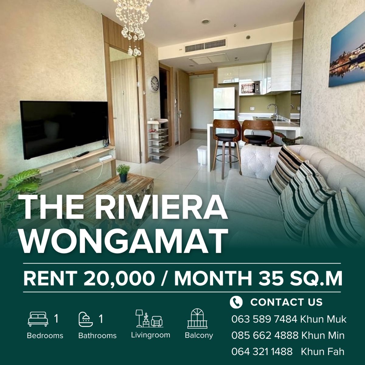 For RentCondoPattaya, Bangsaen, Chonburi : 🌊 The Riviera Wongamat - 20,000 THB/Month | 1br | 35 SQ.M. | 4th Floor 🔥