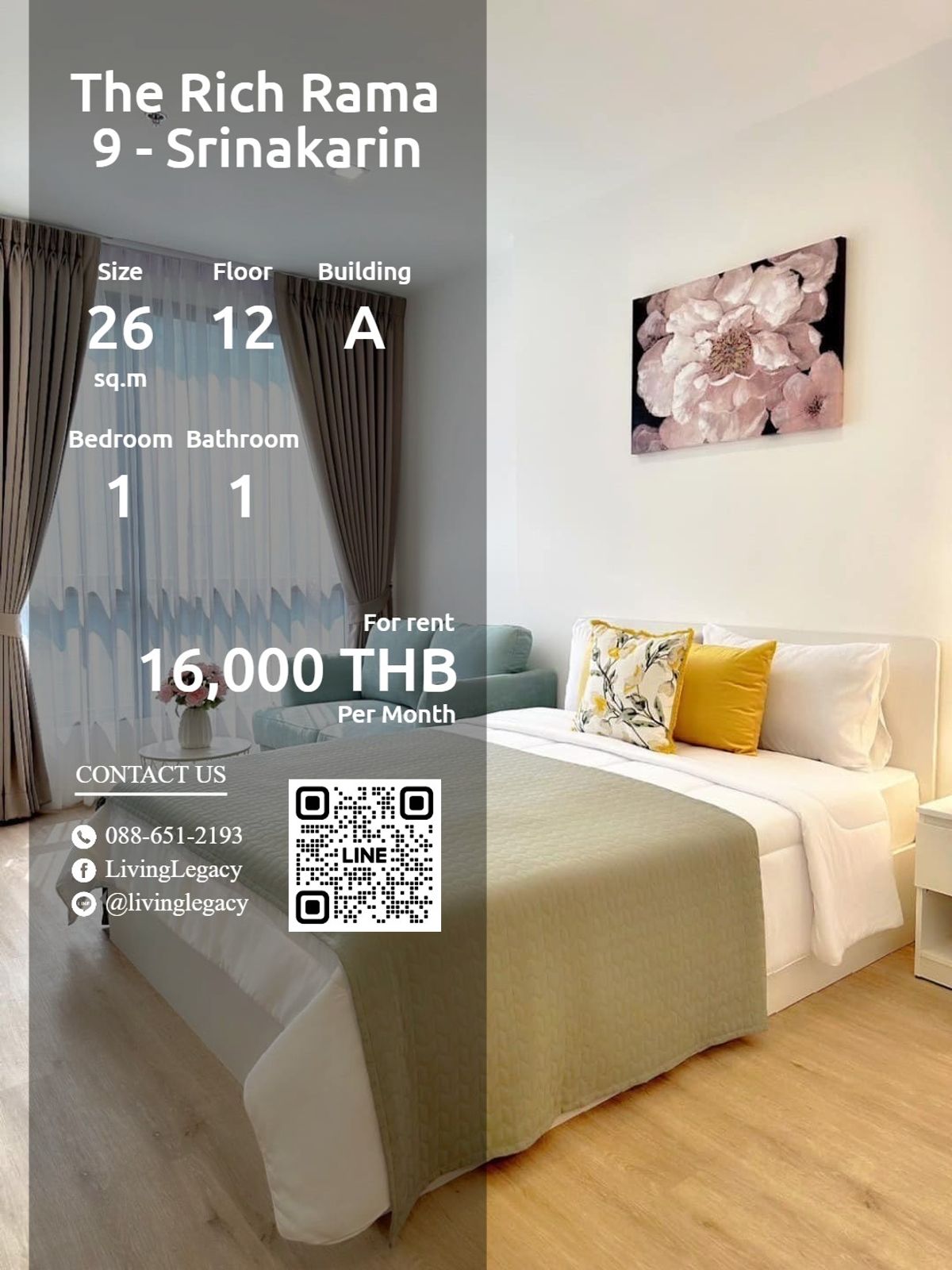 For RentCondoPattanakan, Srinakarin : Luw7lunh Condo for rent The Rich Rama 9 - Srinakarin 26 sq.m., Floor 12, Line ID: @LivingLegacy