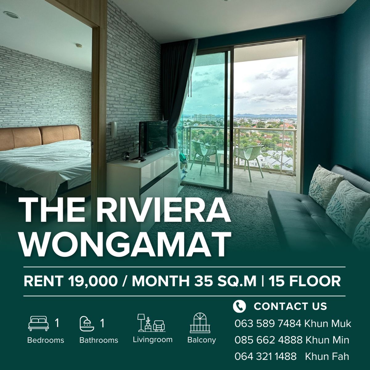 For RentCondoPattaya, Bangsaen, Chonburi : 📍 The Riviera Wongamat - 1br Condo for Rent | 19,000 THB/Month | 35 SQ.M | 15 Floor 🌊