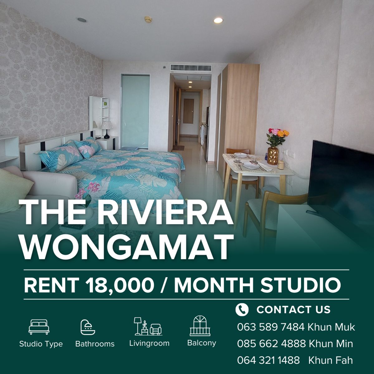 For RentCondoPattaya, Bangsaen, Chonburi : 🏙️ The Riviera Wongamat | Studio | 8th Floor | 18,000 THB/Month