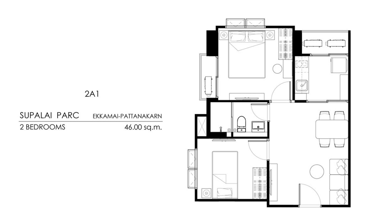 Sale DownCondoPattanakan, Srinakarin : Owner sells 2 bedrooms, Supalai Park Ekkamai - Corner room development+Storage room