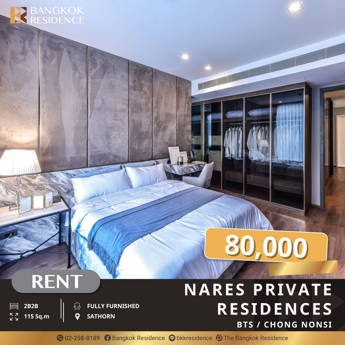 For RentCondoSilom, Saladaeng, Bangrak : Nares Private Residences, Luxury and Private 2-Bedroom Unit, Near BTS Chong Nonsi