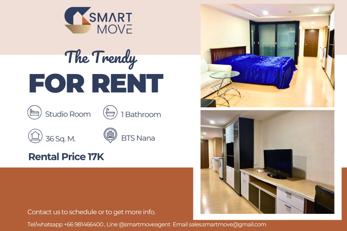 For RentCondoNana, North Nana,Sukhumvit13, Soi Nana : 🔥For Rent !!🔥Code C20250300041....The Trendy, Studio room, 1 bathroom , high floor 11++, furnished, ready to move in 📣📣