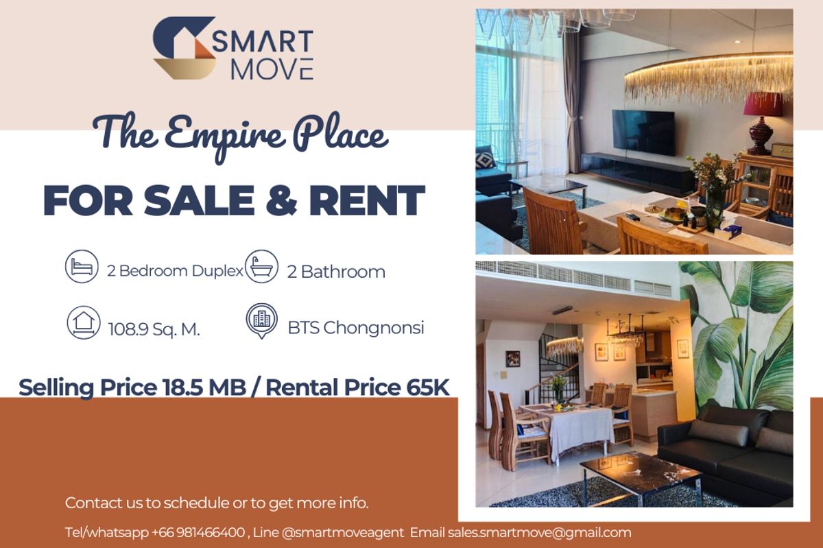 CondoSathorn, Narathiwat : 🔥 For Sale - Rent !! 🔥 Code C20241000022.......The Empire Place, 2 bedroom, 2 bathroom Duplex, high floor 19+, furnished,  ready to move in, Special Deal!!📣📣