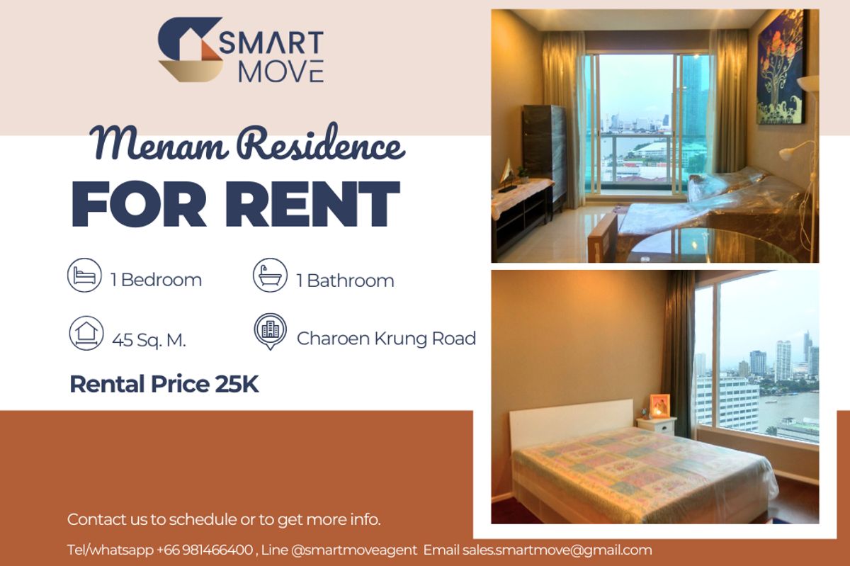 ให้เช่าคอนโดสาทร นราธิวาส : 🔥สำหรับเช่า!!🔥Code C20250400050.........Menam Residence, 1 ห้องนอน, 1 ห้องน้ำ , วิวแม่น้ำ, ชั้นสูง 10++, แต่งครบ, พร้อมเข้าอยู่ 📣📣