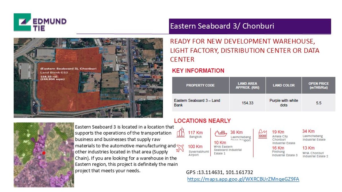 ขายที่ดินพัทยา บางแสน ชลบุรี สัตหีบ : Vacant Land in Eastern Seaboard Chonburi, 154.33 Rai, READY FOR NEW DEVELOPMENT WAREHOUSE, LIGHT FACTORY, DISTRIBUTION CENTER OR DATA CENTER