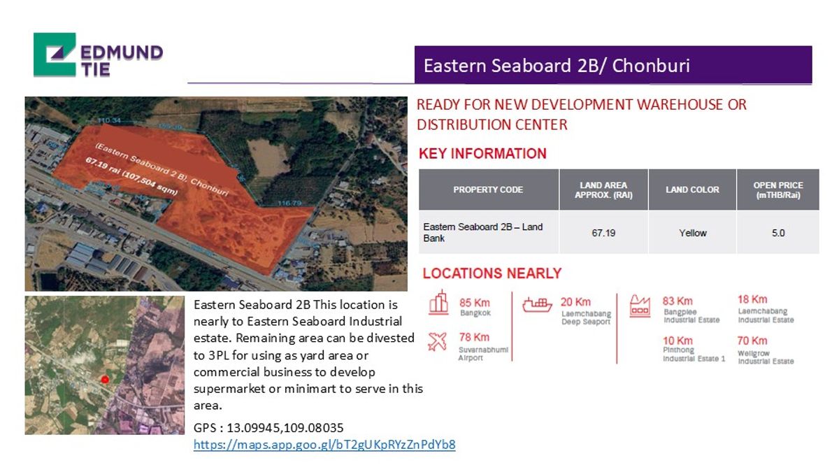 ขายที่ดินพัทยา บางแสน ชลบุรี สัตหีบ : Vacant Land in Eastern Seaboard Industrial Estate, 67.19 Rai, READY FOR NEW DEVELOPMENT WAREHOUSE OR DISTRIBUTION CENTER