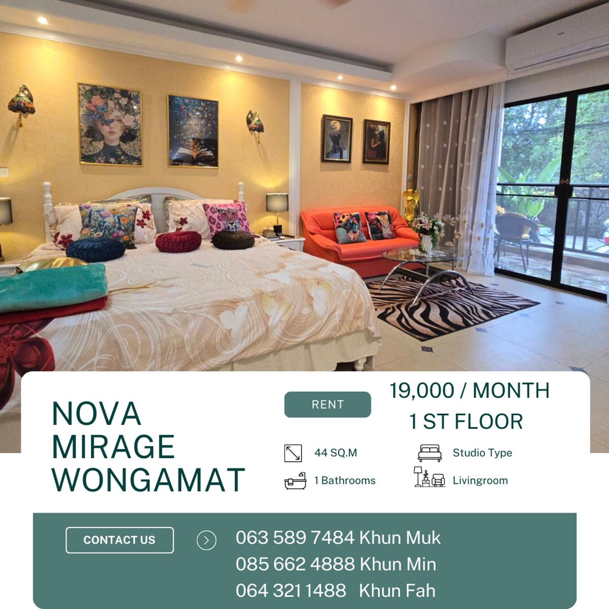ให้เช่าคอนโดพัทยา บางแสน ชลบุรี สัตหีบ : 📍 Nova Mirage Condominium – Studio Type Condo for Rent | 19,000 THB/Month | 44 Sq.m | 1 st floor 🌊