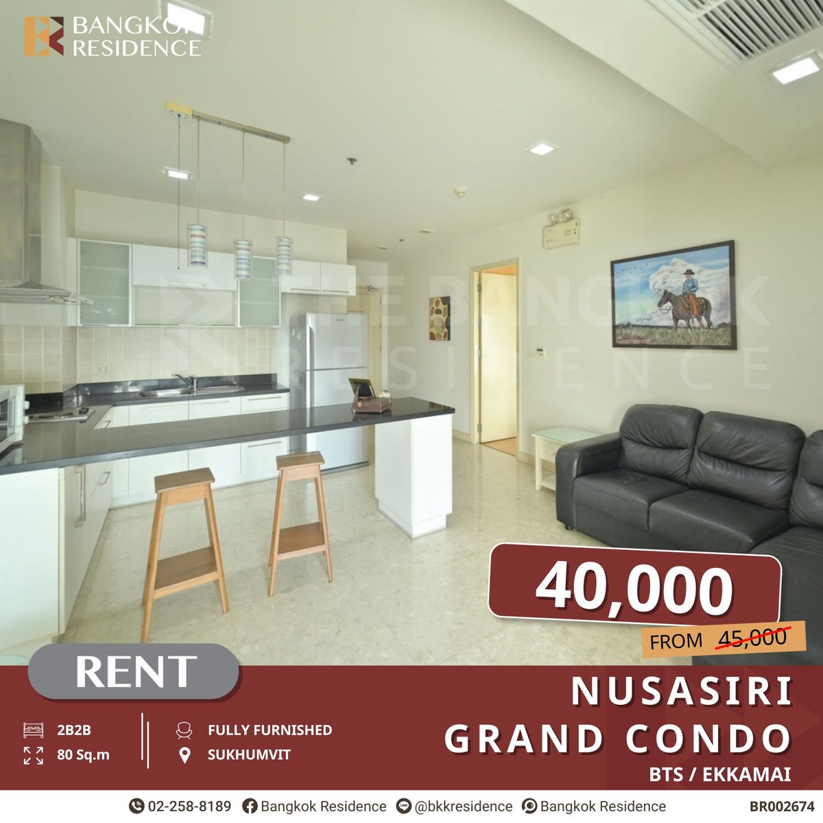 ให้เช่าคอนโดสุขุมวิท อโศก ทองหล่อ : Nusasiri Grand Condo, 2 ห้องนอนให้เช่า หรูหราสะดวกสบาย ใกล้ BTS เอกมัย