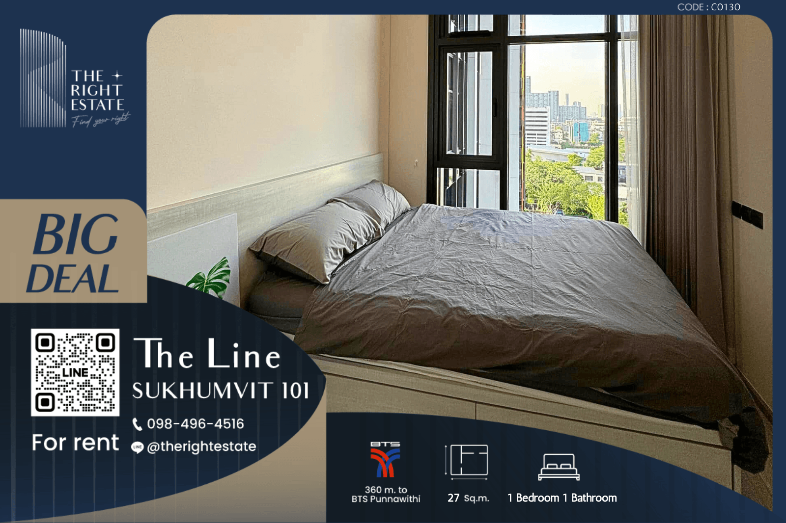 ให้เช่าคอนโดอ่อนนุช อุดมสุข : 🌿 The Line Sukhumvit 101 🌿 ห้องสวย ราคาต่อรองได้!! 🛏 1 Bed 1 Bath 27.80 ตรม. ติด BTS ปุณณวิถี