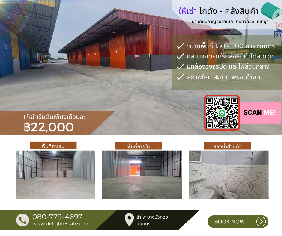 For RentWarehouseNonthaburi, Bang Yai, Bangbuathong : Warehouse for rent, 150 sq m., cheap price, Lam Pho area, Bang Bua Thong, Nonthaburi