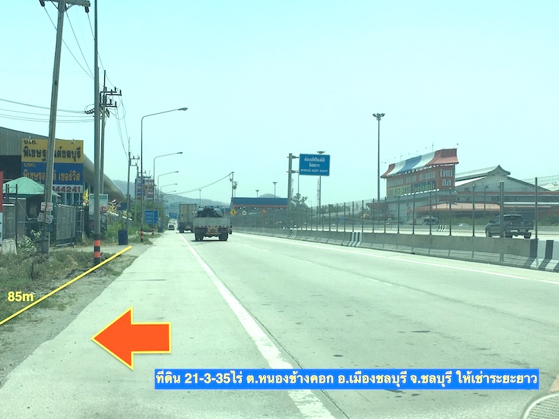 For RentLandPattaya, Bangsaen, Chonburi : Land for rent on the bypass road, area 21.5 rai, near the Kiri Nakhon elevated road.