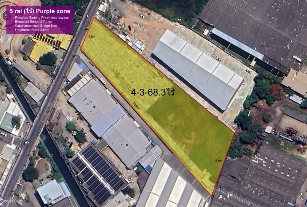 ขายที่ดินสมุทรปราการ สำโรง : Poochaosamingprai Road - Land Size: 4-3-68.3/ไร่, Purple Zoned Land Close to The Industrial Ring Road